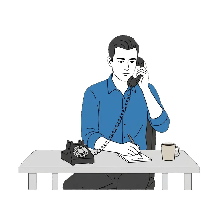 Kai at his desk on the phone, taking a note